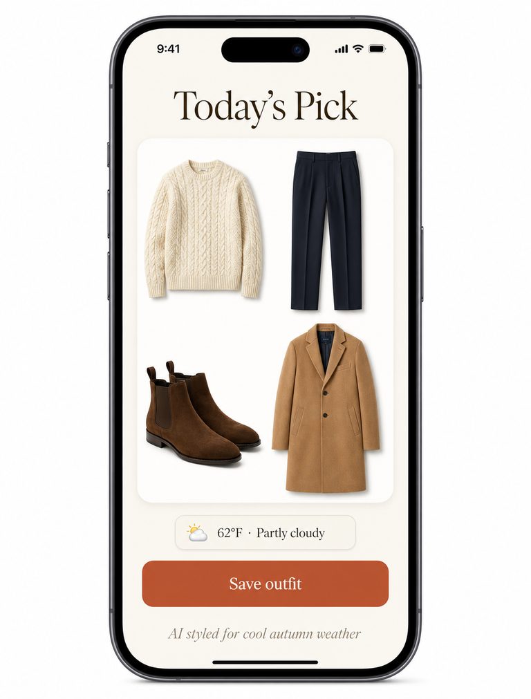 ClosetFlow app showing Today's Pick — a cream sweater, navy trousers, brown boots and camel coat styled by AI for cool autumn weather.