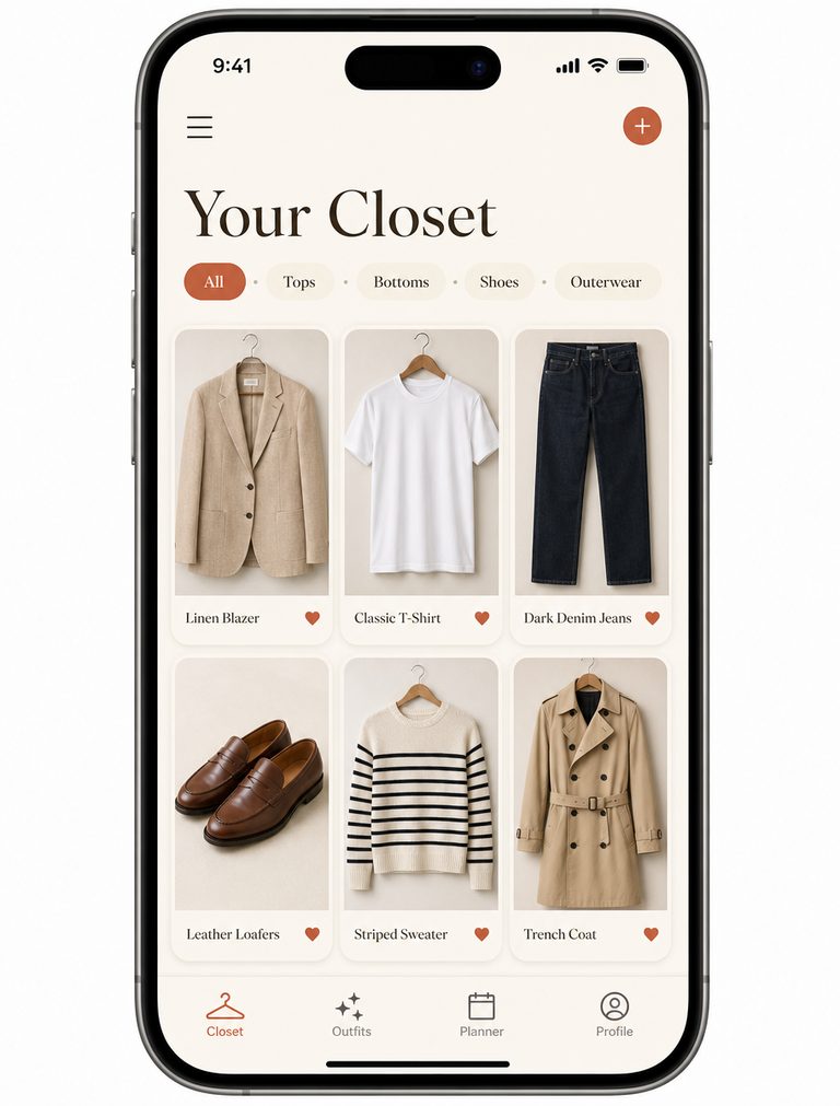 Grid of clothing items in ClosetFlow: beige blazer, white t-shirt, dark jeans, leather loafers, striped sweater, camel trench coat.